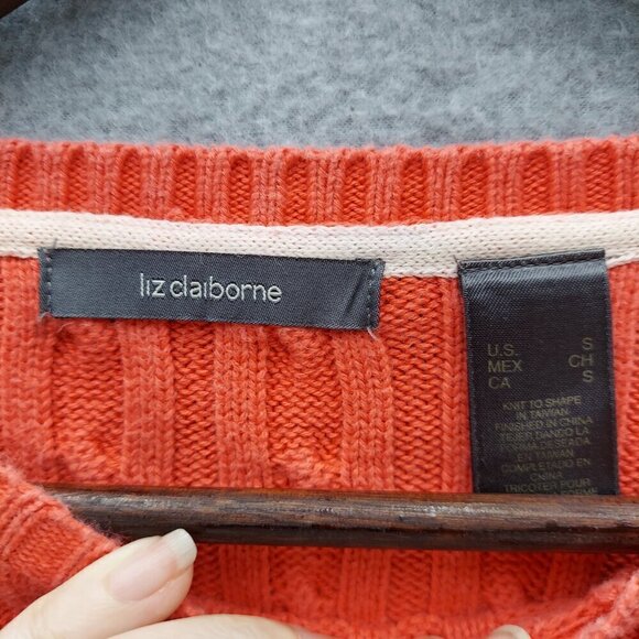 Liz Claiborne Womens Cable Knit Sweater Coral S 100% Cotton Crew Neck - Picture 4 of 7